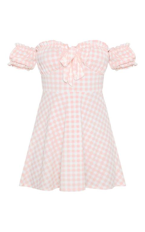 pink gingham bardot dress