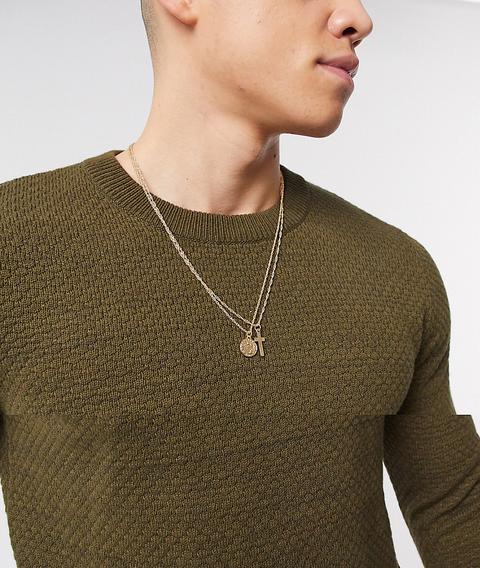 Asos Design Double Layer Neckchain With Cross And Coin Charms In Gold Tone