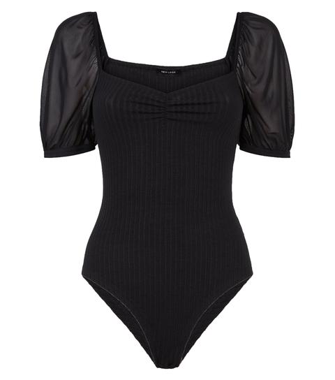 Black Ribbed Mesh Sleeve Bodysuit New Look