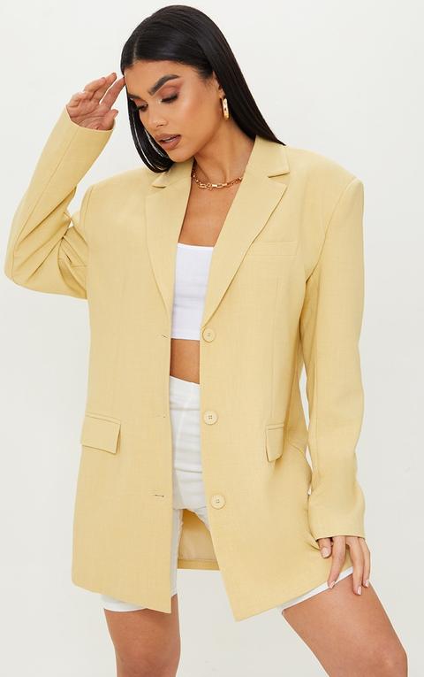 Blazer Jaune En Maille Tissée Style Lin À Épaulettes, Boutons Et Détail Poches, Jaune