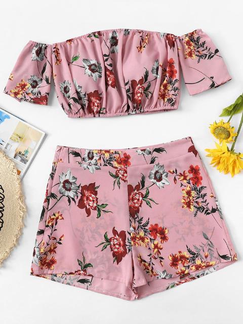 Off Shoulder Floral Top With Shorts