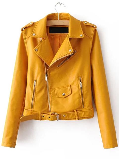 Chaqueta Motera Cuero Sintético Cremallera Cinturón - Amarillo