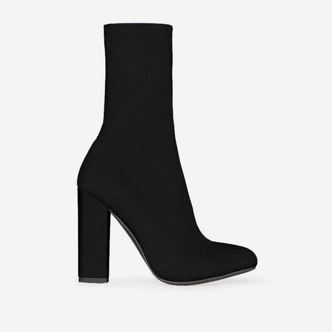 Hayden Block Heel Sock Boot In Black Lycra, Black