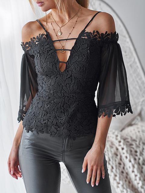 Cold Shoulder Guipure Lace Zipper Back Blouse