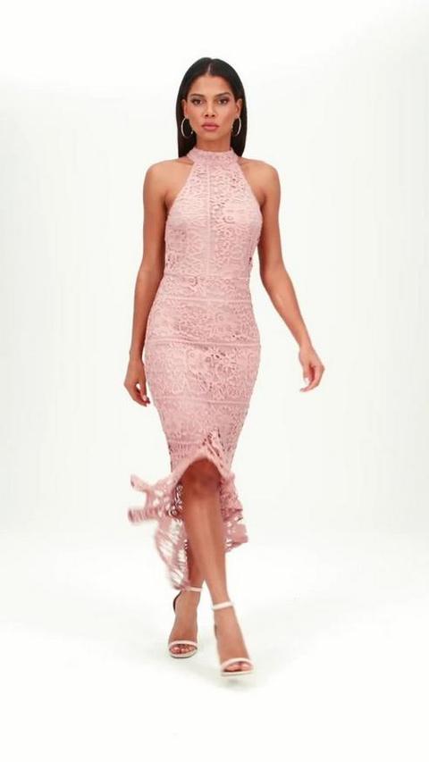 pink lace high neck fishtail midi dress