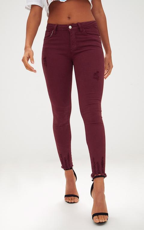 Burgundy Low Rise Distressed Skinny Jean