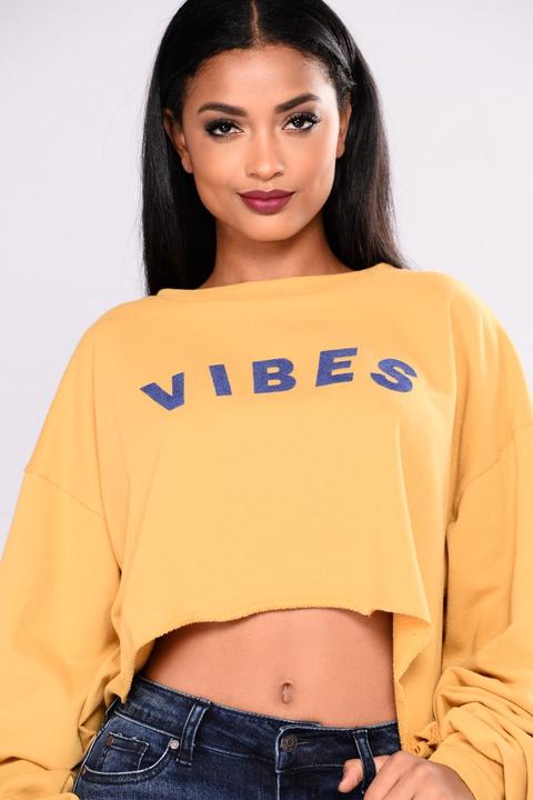 Vibes Cropped Crewneck Top - Mustard