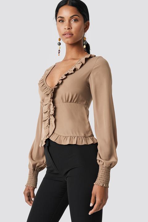 Frill Detail Buttoned Blouse Beige