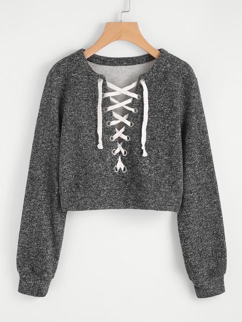 Grommet Lace Up Marled Knit Crop Sweatshirt