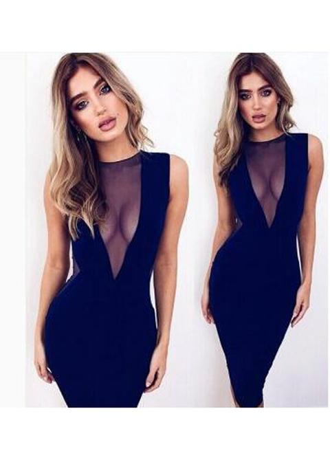 Vestito Midi Cerniera Grenadina Girocollo Moda Blu Navy