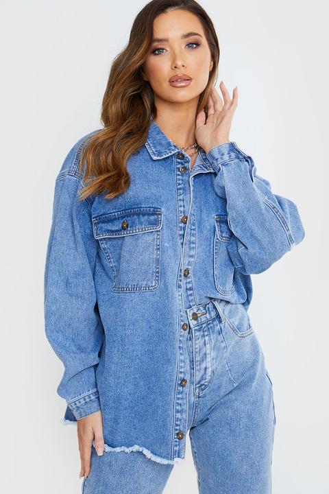 Blue Shirts - Lottie Tomlinson Bleach Denim Oversized Fit Shirt