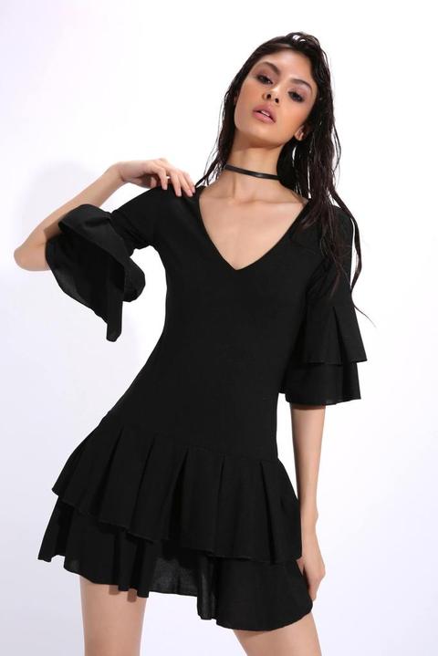 Black Frill Plunge Dress