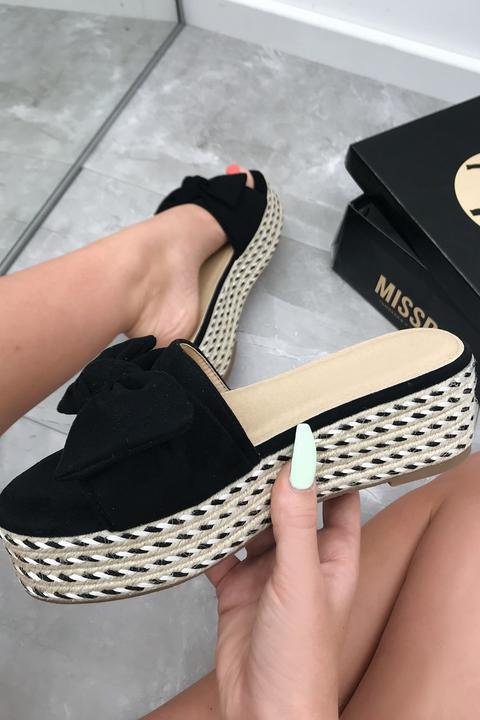 Marissa Black Suede Bow Detail Espadrille Flatform Wedges