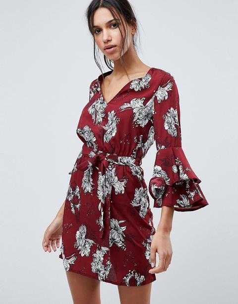 Vestido De Flores Con Manga Acampanada Y Lazada En La Cintura De Parisian