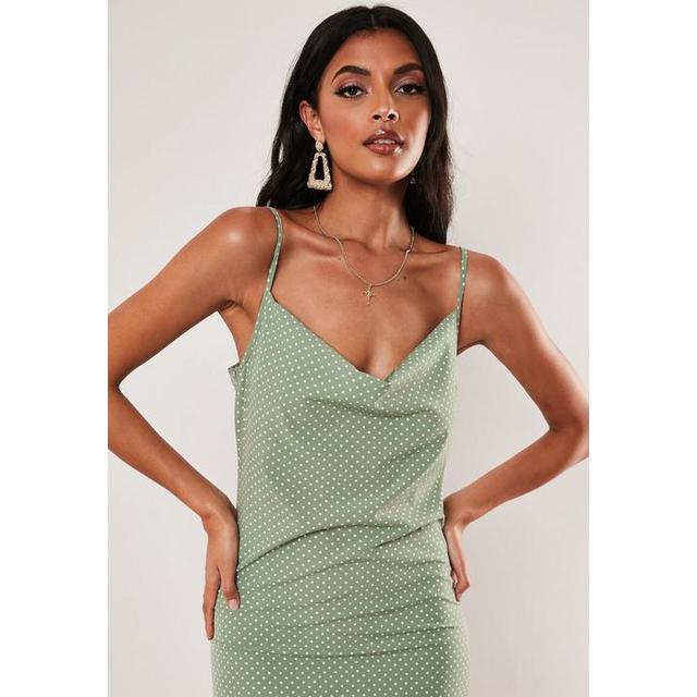 black polka dot cowl neck cami slip midi dress