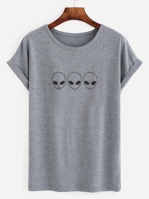 Heather Grey Alien Print Roll Sleeve T-shirt