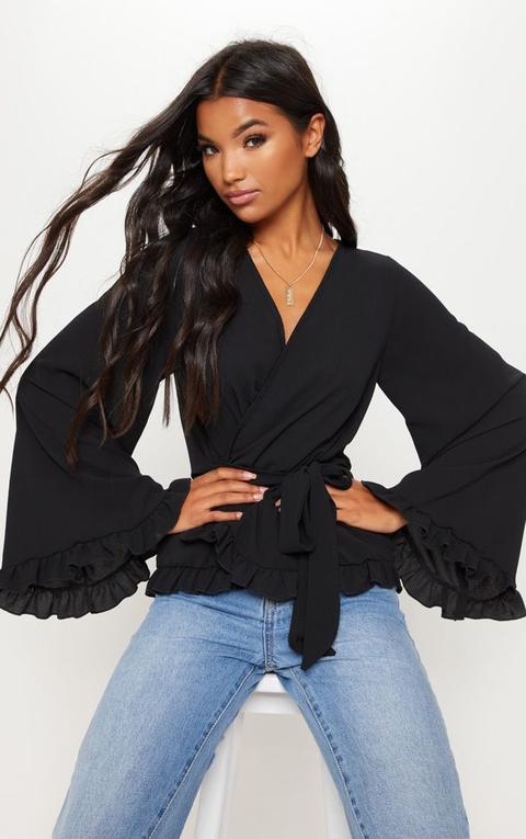 Black Flared Sleeve Frill Blouse