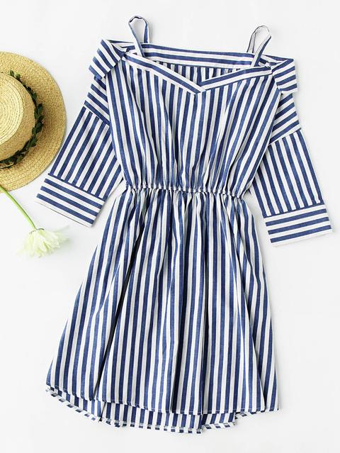 Open Shoulder Foldover Stripe Dip Hem Dress