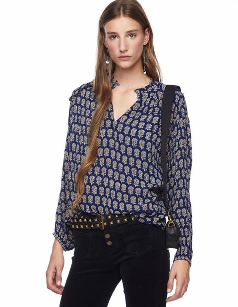 Camisa Cuello Perkins Escote Pico Flor Buti Azul