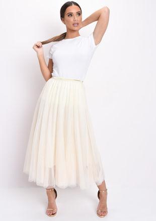 Gold Detail Tulle Mesh Midi Skirt Beige