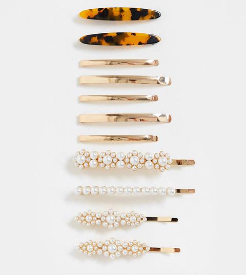 Asos Design Pack Of 11 Hair Clips In Mixed Tortoiseshell Pearl And Metal Designs-multi