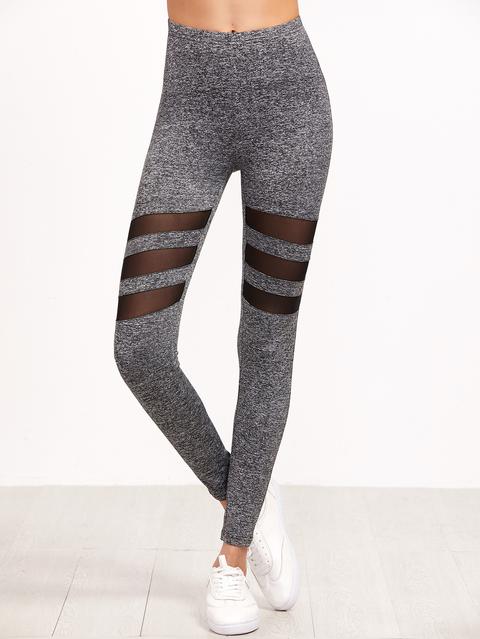 Grey Marled Knit Contrast Mesh Insert Leggings