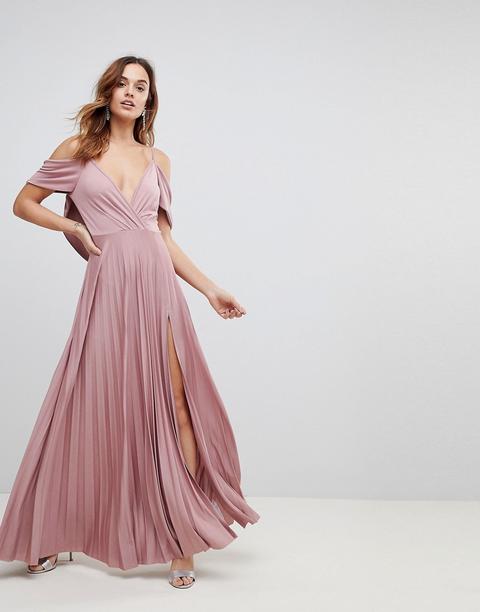 Asos - Vestito Lungo A Pieghe Con Spalle Scoperte E Scollo Ad Anello Sul Retro - Rosa