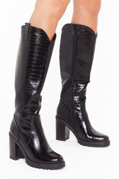 Womens Bottes Vernies Effet Croco À Talons Et Semelles Crantées Sèche Tes Larmes - Noir - 36, Noir