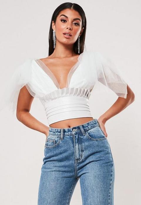 White Tulle And Faux Leather Crop Top, White Leather Top