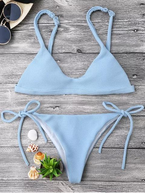 Traje De Bikini Texturizado Con Nudo Lateral De Cordón Con Cuello En U Light Blue