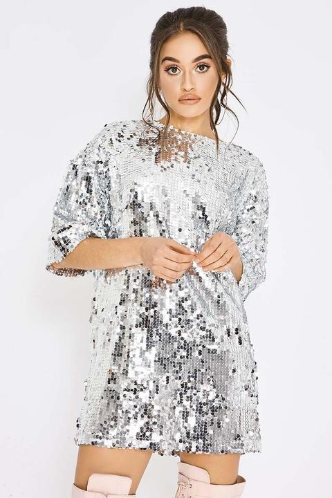 Silver Dresses - Pia Mia Silver Sequin Oversized T Shirt Dress