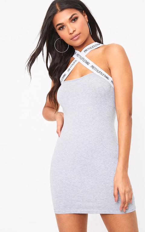 Prettylittlething Grey Cross Detail Bodycon Dress, Grey