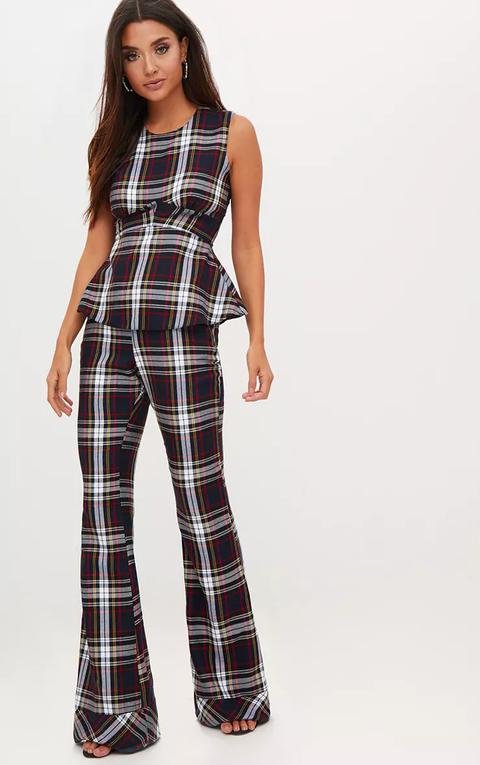 Navy Tartan Mix Check Flare Trousers, Blue