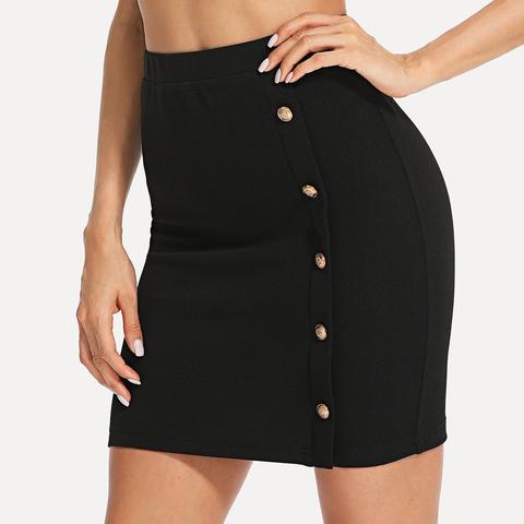 Gold Button Detail Bodycon Skirt