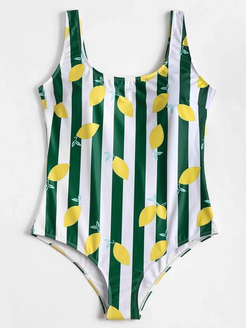 Costume Da Bagno Plus Size A Righe Senza Schiena Con Motivo A Limone Green