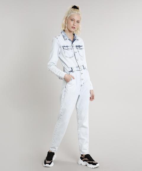Macacão Jeans Feminino Com Bolsos Manga Longa Azul Claro