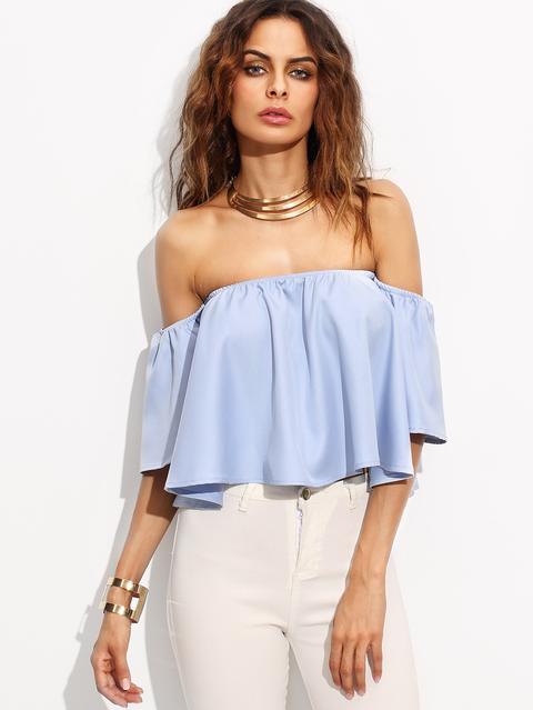 Blue Off The Shoulder Bell Sleeve Crop Top