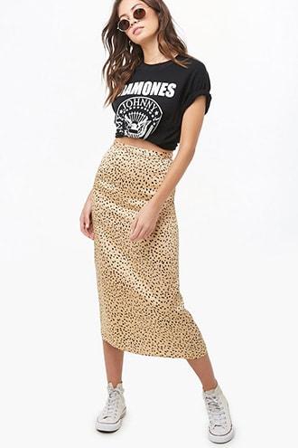 Forever 21 Satin Leopard Print Midi Skirt Tan/black