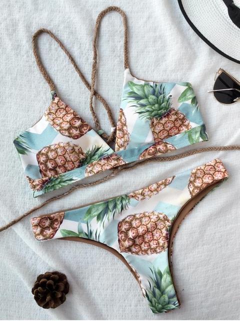 Bikini De Tirantes Con Cordón En Espalda Con Estampado De Piña