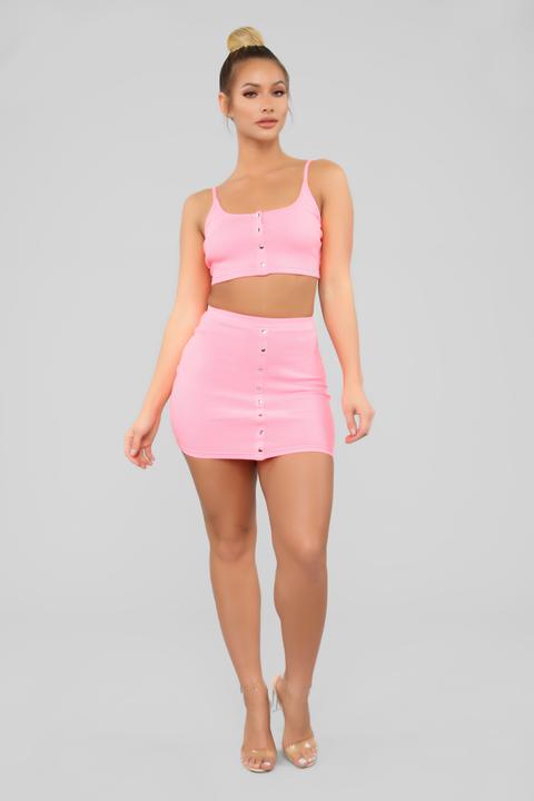 Flirty Feels Skirt Set - Neon Pink