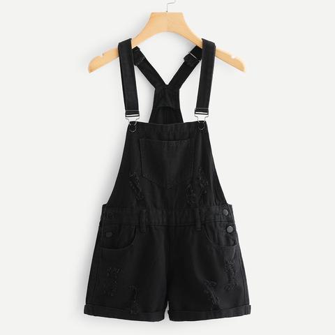 Roll Up Hem Ripped Denim Dungarees