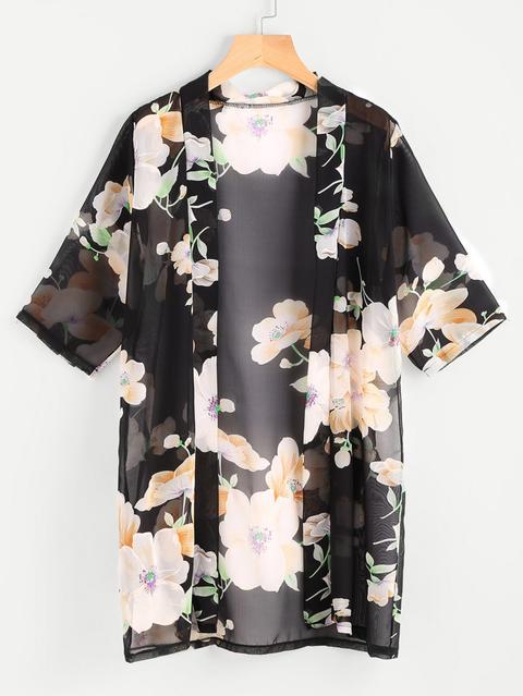 Floral Print Chiffon Kimono