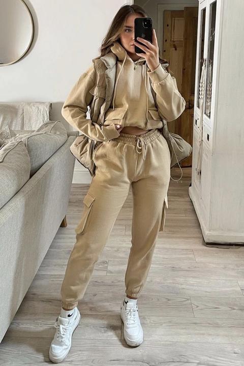 Izia Beige Utility Cargo Oversized Hoodie And Joggers Tracksuit Set