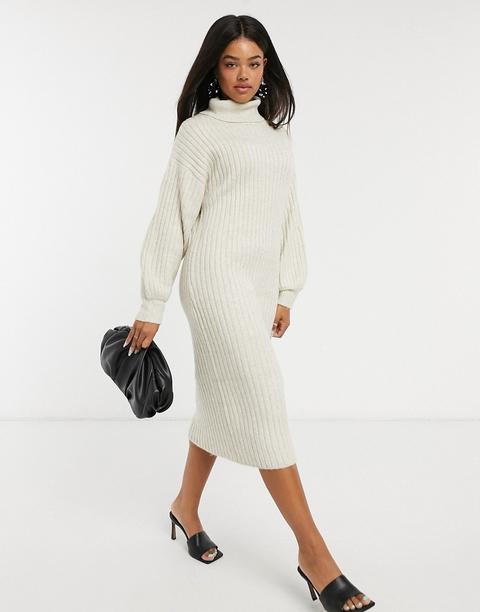 Asos Design Midi Rib Dress With Cowl Neck In Oatmeal-neutral