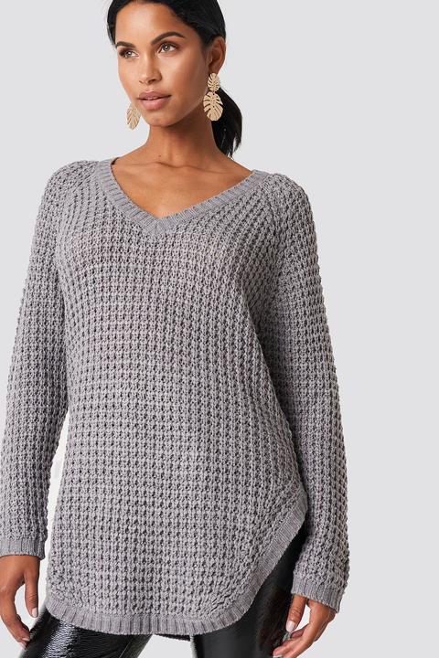 V-neck Pineapple Knitted Sweater Grey