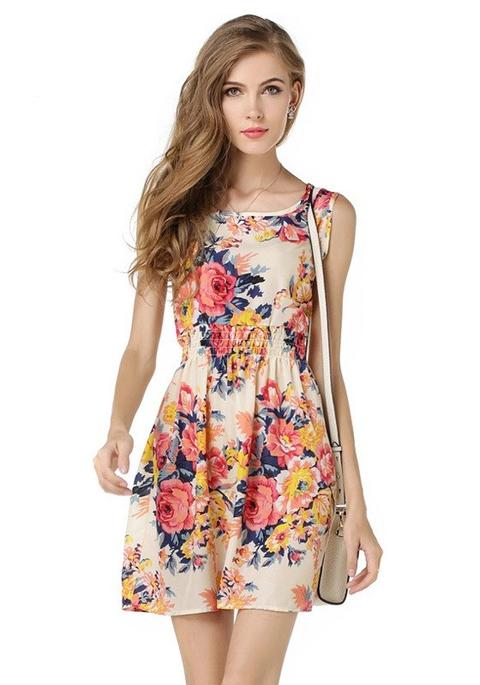 Mini Abito Stampa Fiori Girocollo Moda Rosa