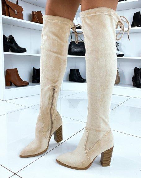 Cuissardes À Talon Beige Et À Bout Pointu