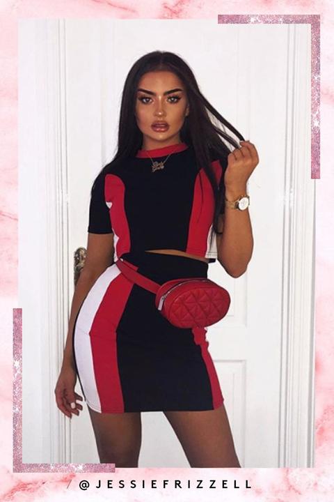 Sinita Black & Red Panel Top And Skirt Set