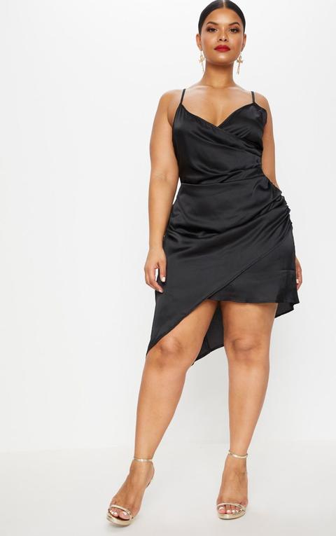 plus black satin long sleeve wrap dress