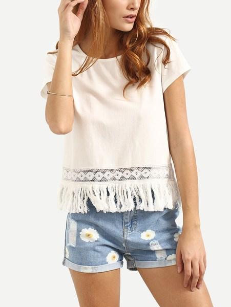 Blusa Con Frangia Maniche Corte - Bianco